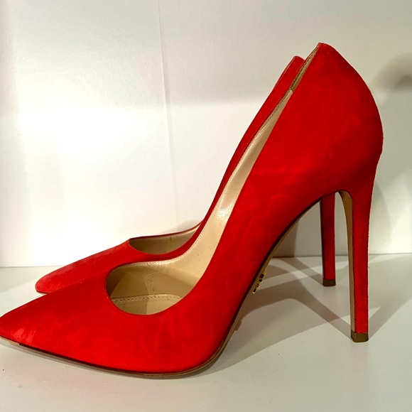 Never worn Prada Coral/Red Suede Pointed Toe Pump - Picture 1 of 9